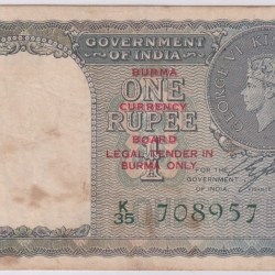 British India Burma Overprint 1 Rupee 1940 CE Jones Signature Very Fine Note #13