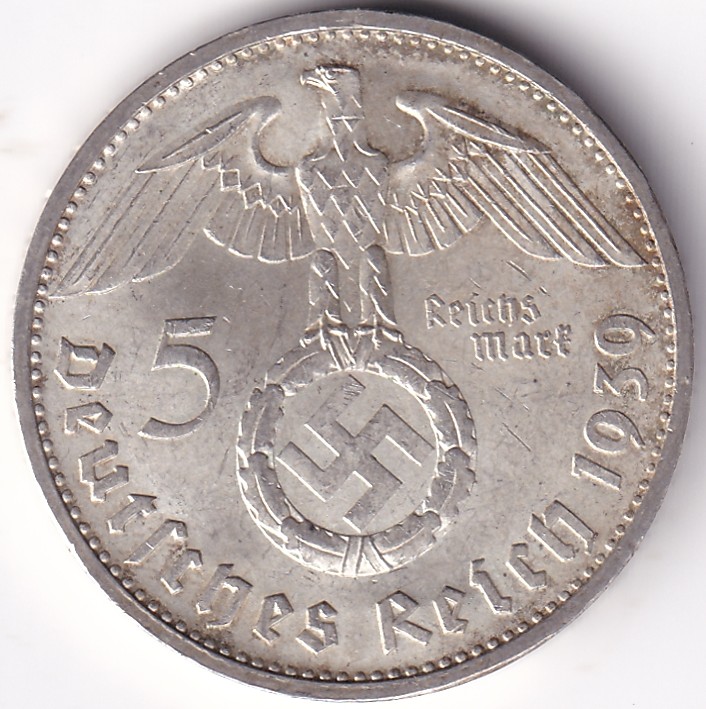 5 Mark Germany 1939 卐 Muldenhütten Mint E Silver Coin Rare
