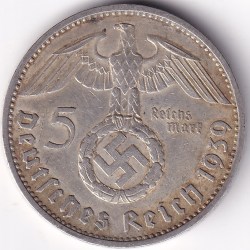 5 Mark Germany 1939 卐 Hamburg Mint J Silver Coin Rare