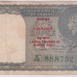 British India Burma Overprint 1 Rupee 1940 CE Jones Signature Very Fine Note #15