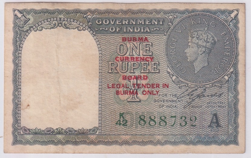 British India Burma Overprint 1 Rupee 1940 CE Jones Signature Very Fine Note #15