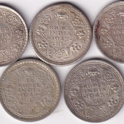Quarter Rupee 1940,42,43,44,45 Five Silver Coins Set Rare #2