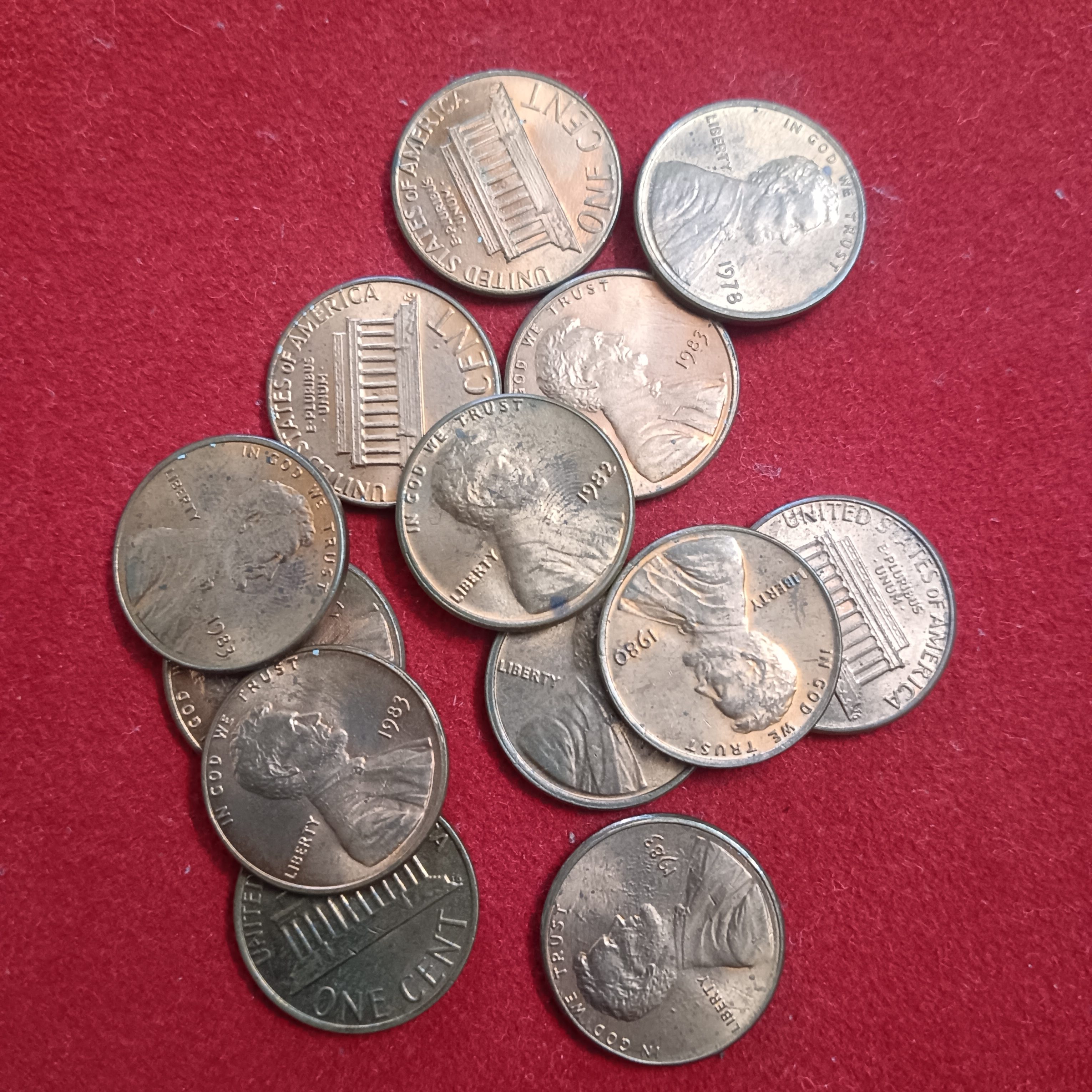 One Cent Old Issue 1978 1980 1984 Years Coins Old Issue 13 Pcs Given Unc Lusteer United States Of America - Image 2