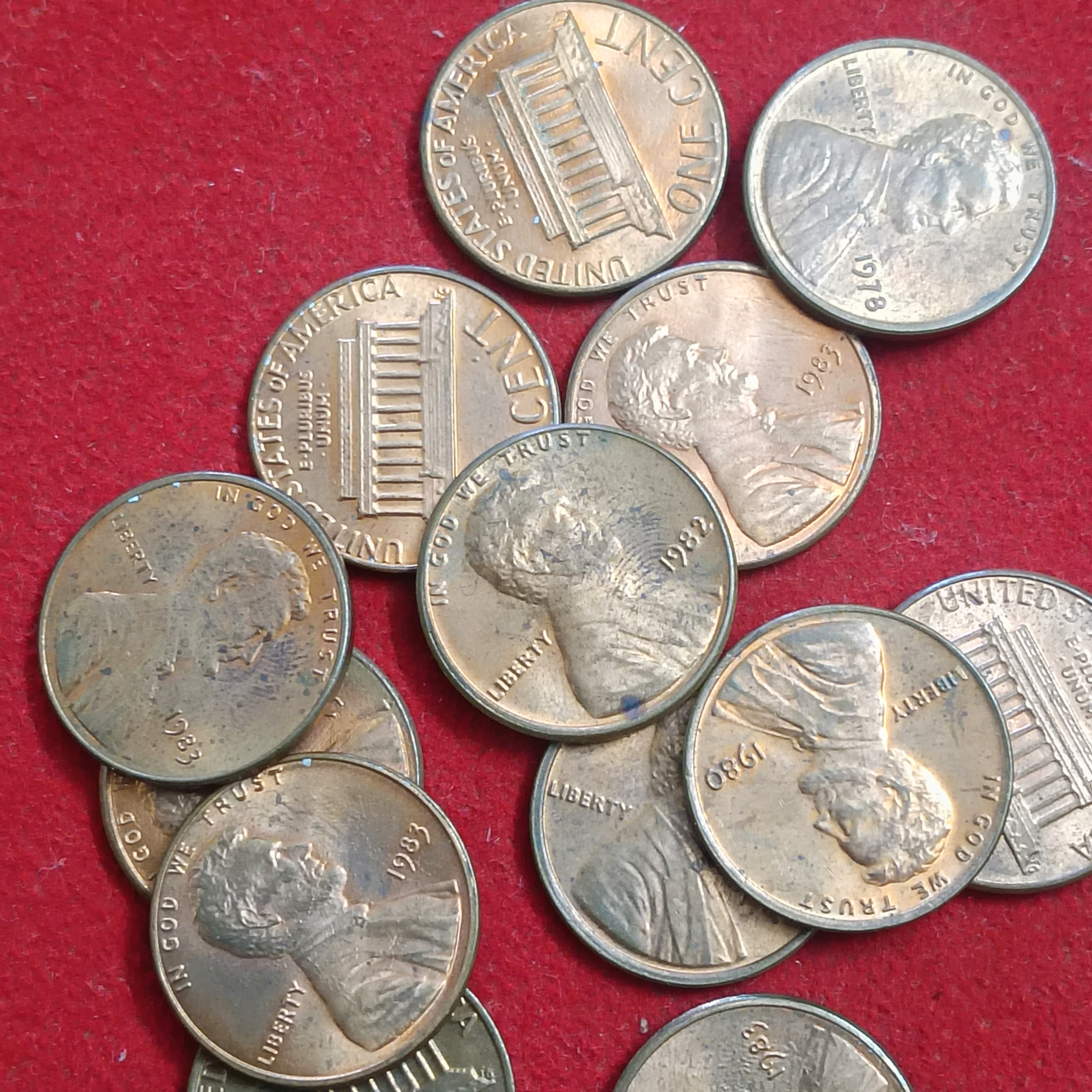 One Cent Old Issue 1978 1980 1984 Years Coins Old Issue 13 Pcs Given Unc Lusteer United States Of America - Image 3