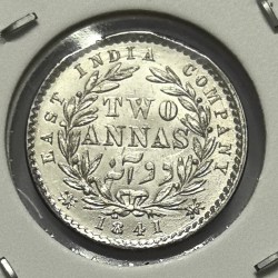 Alternative view of British India Victoria 1841 Two Anna Silver Coin High Grade Unc Rare