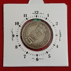 Alternative view of Five Rs Copper Nickel Bhagwan Mahaveer 2600 Th Jan Kalyanak 2001 Year 2" o Clock Error Coin