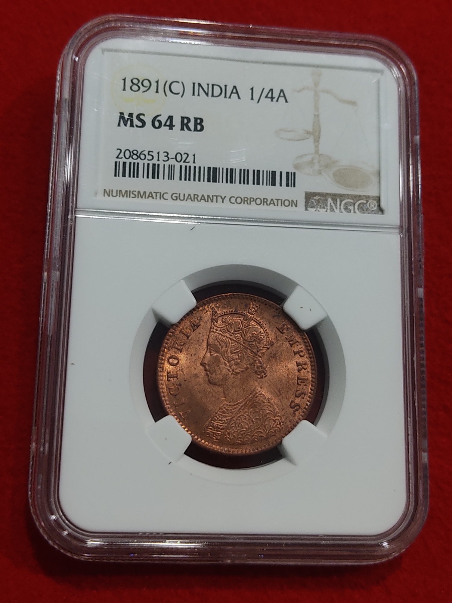 ONE QUARTER ANNA VICTORIA EMPRESS 1891 CALCUTTA MINT NGC HIGH GRADED MS 64