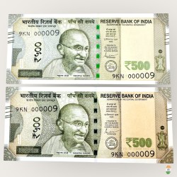 Rs 500 India Banknote Twin Pair 2 Banknotes Same Number 9KN 000009 Low Serial Number Collection Unique and Rare