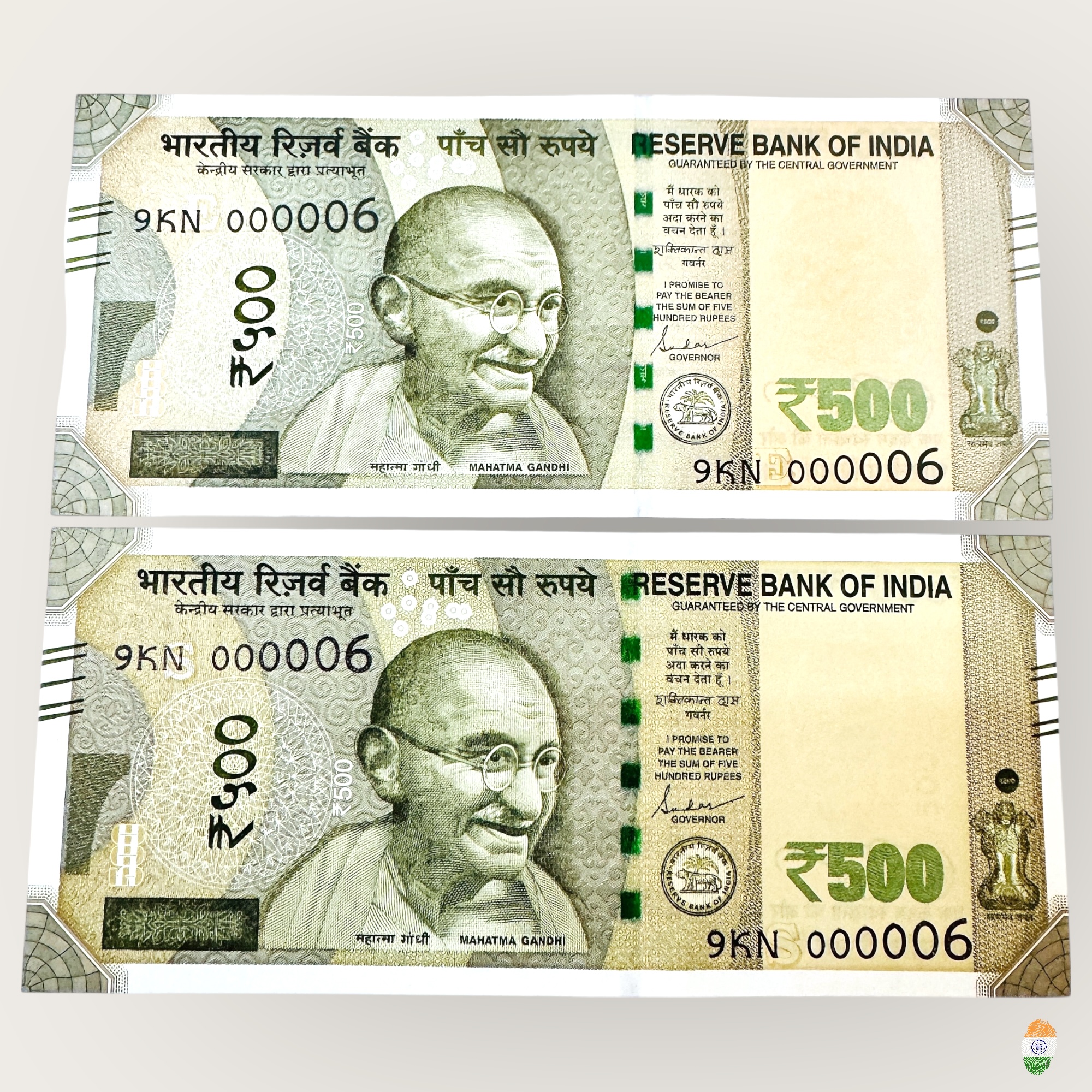 Rs 500 India Banknote Twin Pair 2 Banknotes Same Number 9KN 000006 Low Serial Number Collection Unique and Rare
