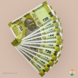 Rs 20 India Banknote Fancy Number Set 000001 to 000010 Prefix 99 Unique and Rare