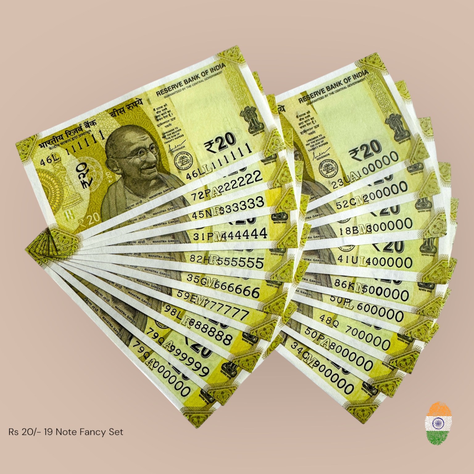 Rs 20 India Banknote 19 Note Solid Fancy Number Set 111111 to 1000000 ...