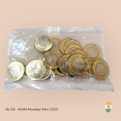 Rs 10 Rupee New Coin RBI Small Coin 75 Year Of Independence 25 Coin Packet India Issue 2025 Mumbai Mint AKAM Issue