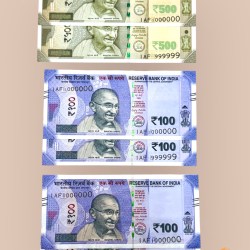 Rs 100 and 500 India Banknote Super Solid Fancy Number Trio Set 999999 and 1000000 Gem UNC Unique and Rare