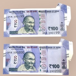 Rs 100 India Banknote Butterfly Extra Paper Error Unique and Rare 2 Banknotes In Sequence
