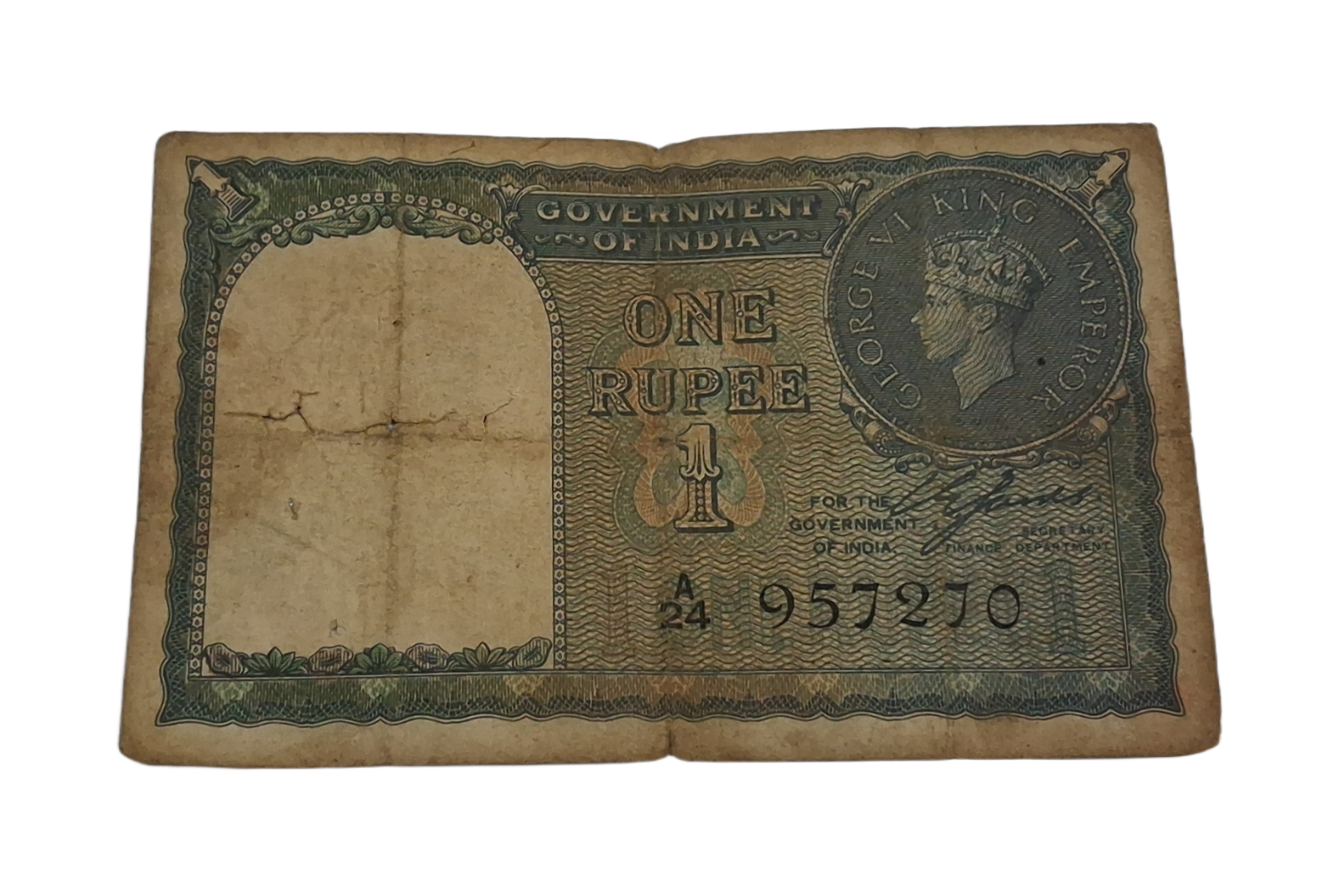 British India ONE RUPEE Year 1940 Sign C. JONES King GEORGE-VI Black Serial in Collectable Grade.