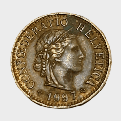 Alternative view of SWITZERLAND Aluminum Bronze 5 RAPPEN Year 1997 "HELVETICA" in High Collectable Grade.