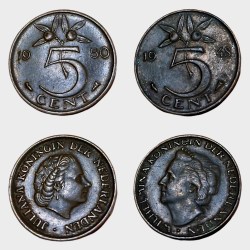NETHERLANDS Bronze 5 CENTS Year 1948 and 1950 "JULIANA" Set 2 coins are in Collectable Grades.