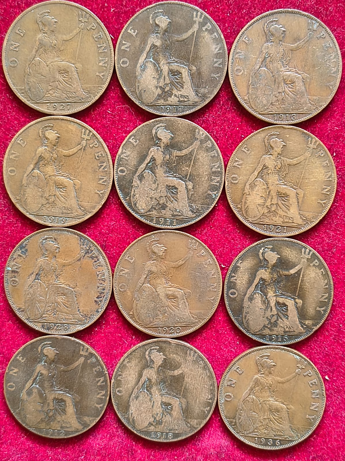 12 DIFFERENT DATES ENGLAND GEORGE V ONE PENNY RARE COINS SET #A-426