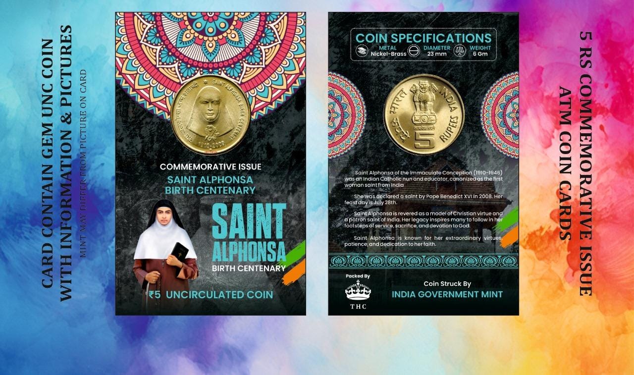 5 Rs. Saint Alphonsa Birth centenary rare Commemorative Coin Card Special Edition