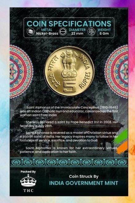 5 Rs. Saint Alphonsa Birth centenary rare Commemorative Coin Card Special Edition - Image 3
