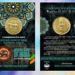 5 Rs. Reserve Bank Of India Platinum Jubilee rare Commemorative Coin Card Special Edition