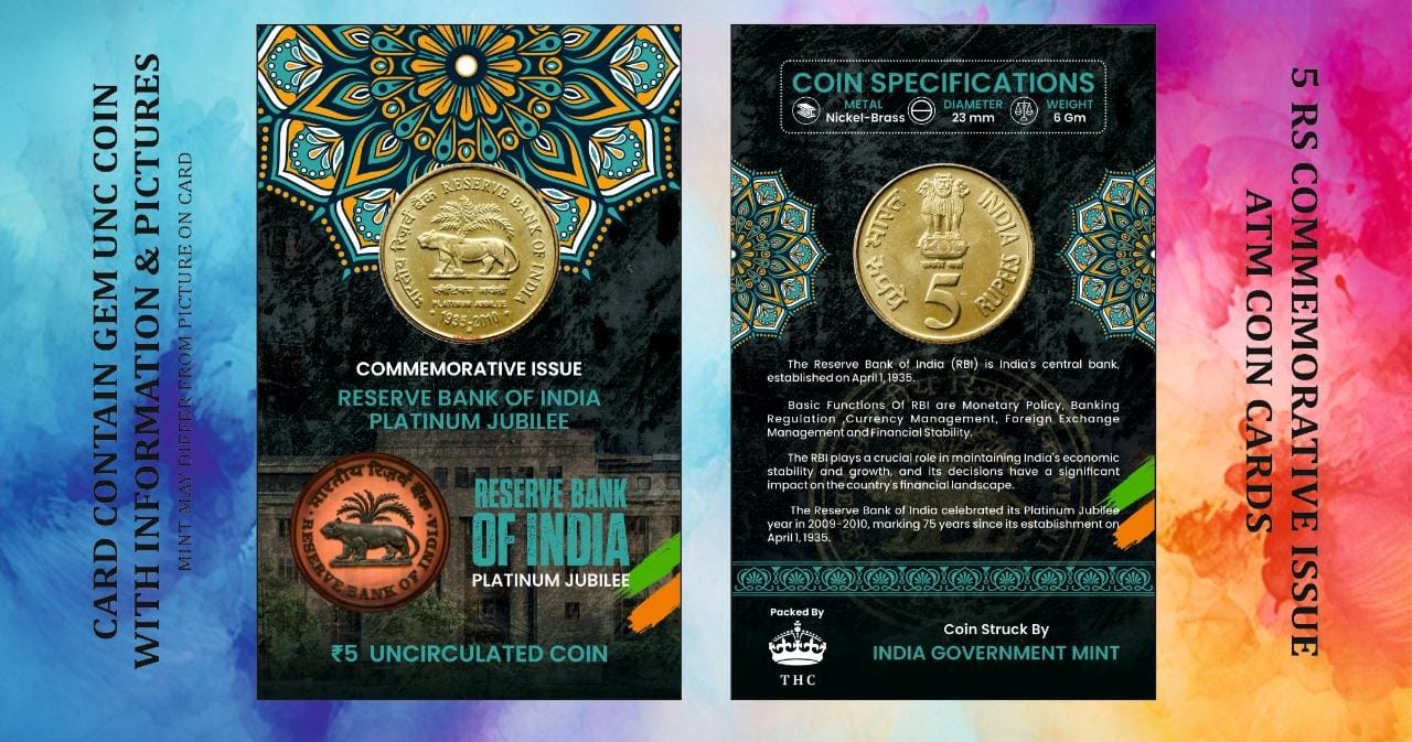 5 Rs. Reserve Bank Of India Platinum Jubilee rare Commemorative Coin Card Special Edition