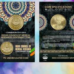 5 Rs. Indian Council Of Medical Research Centenary Year rare Commemorative Coin Card Special Edition