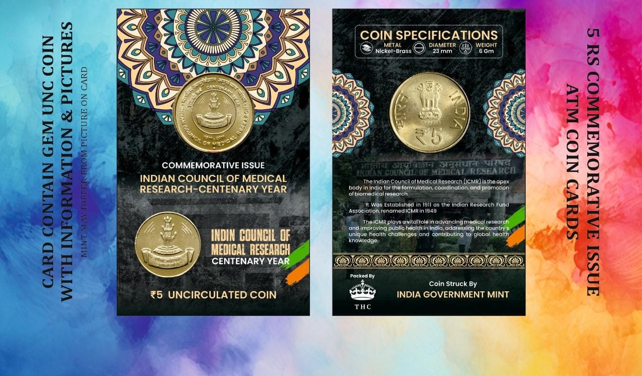 5 Rs. Indian Council Of Medical Research Centenary Year rare Commemorative Coin Card Special Edition