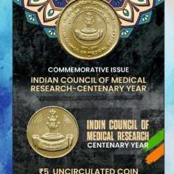 Alternative view of 5 Rs. Indian Council Of Medical Research Centenary Year rare Commemorative Coin Card Special Edition