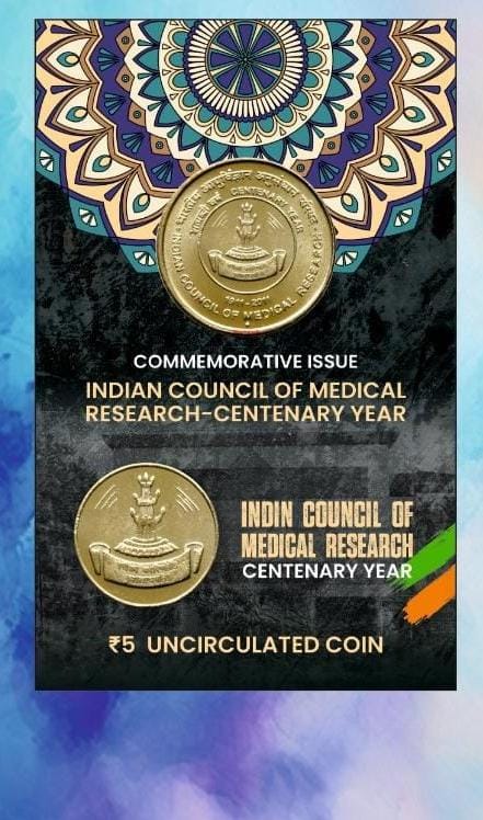 5 Rs. Indian Council Of Medical Research Centenary Year rare Commemorative Coin Card Special Edition - Image 2