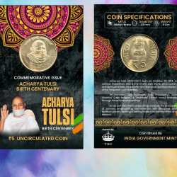 5 Rs. Acharya Tulsi Birth Centenary are rare Commemorative Coin Card Special Edition