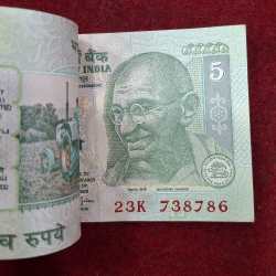Alternative view of 5 Rupees Gandhi Governor Bimal Jalan Rare ( 100 Note) Serial Packet with Fancy Number 738786 +738738