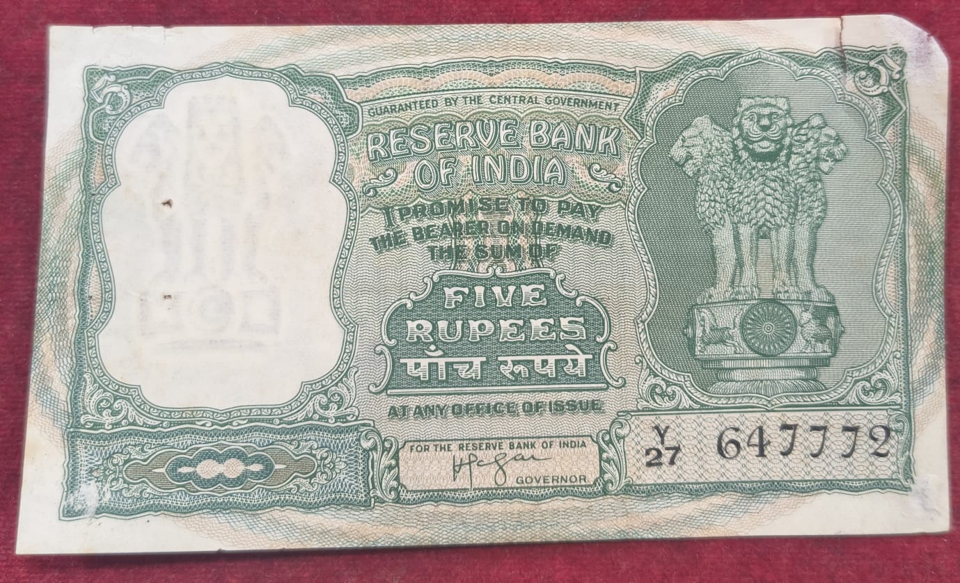 5 RUPEES FAFADA GOVERNOR IYENGAR LOW CONDITION RARE NOTE