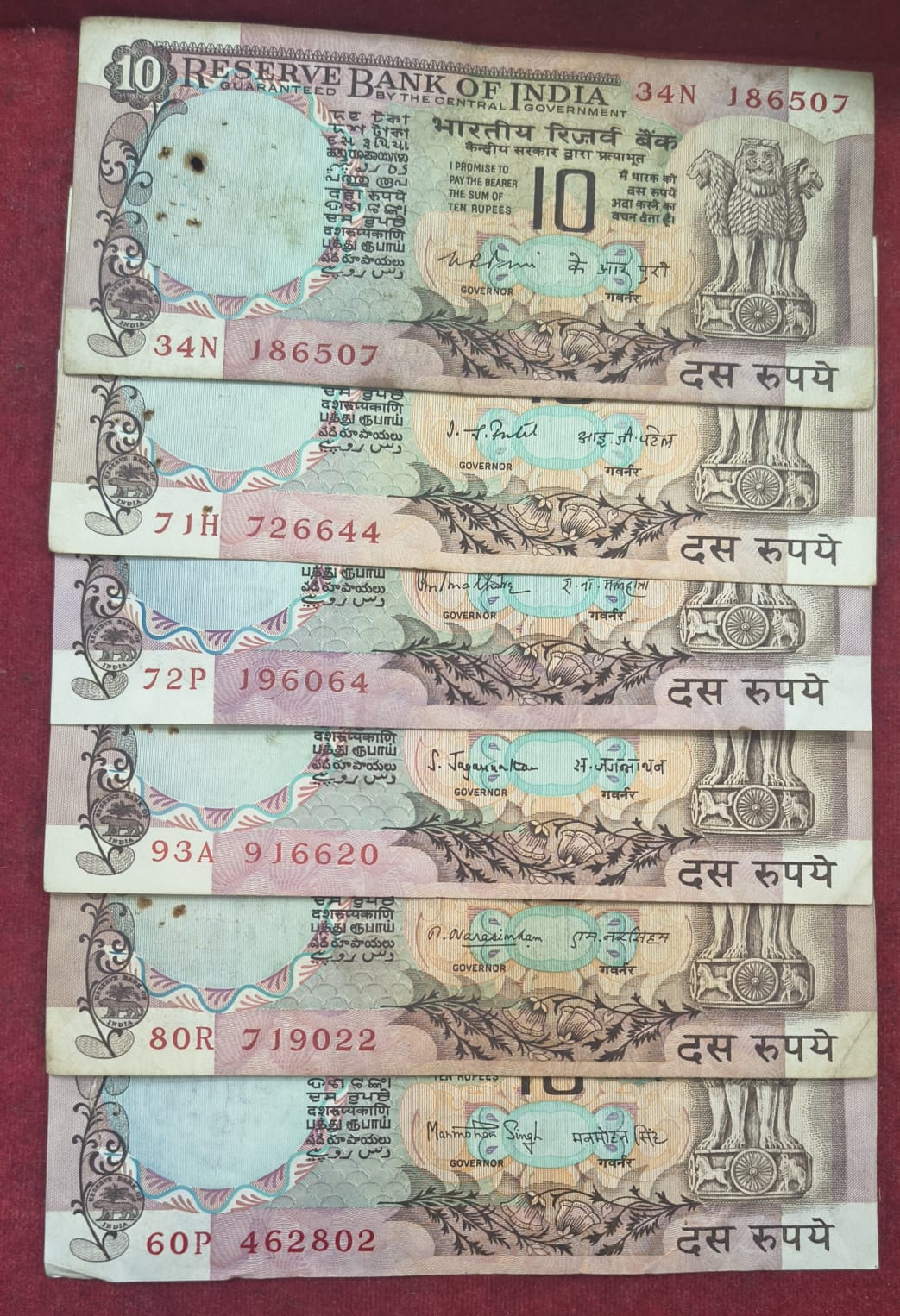 10 RUPEES PEACOCK SIX DIFFRENT GOVERNER LOWEST PRICE SET