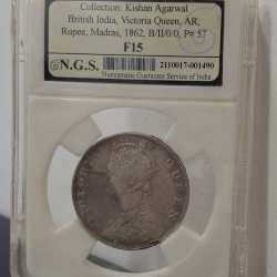 1 RUPEES 1862 VICTORIA QUEEN RARE EAST INDIA COMPANY SILVER COIN NGS GRADING # A-1206