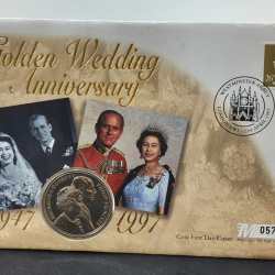 ENGLAND 5 POUNDS 1997 - GOLDEN WEDDING ANNIVERSARY COIN FIRST DAY COVER ROYAL MINT ISSUE RARE