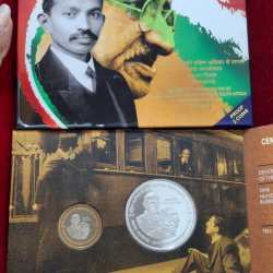 CENTENARY COMMEMORATION OF MAHATMA GANDHI'S RETURN FROM SOUTH AFRICA 2015 MUMBAI MINT RARE 2 COINS ((PROOF SET))
