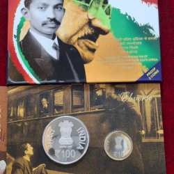 Alternative view of CENTENARY COMMEMORATION OF MAHATMA GANDHI'S RETURN FROM SOUTH AFRICA 2015 MUMBAI MINT RARE 2 COINS ((PROOF SET))