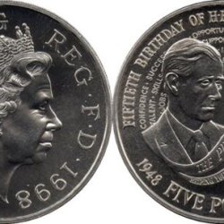 Alternative view of United Kingdom, 5 Pounds, 1998, 50th birthday of HRH The Prince of Wales, Royal Mint folder, KM #995, BUNC.