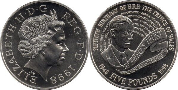 United Kingdom, 5 Pounds, 1998, 50th birthday of HRH The Prince of Wales, Royal Mint folder, KM #995, BUNC. - Image 2