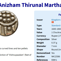 Alternative view of Kingdom of Travancore 1 Chuckram Anizham Thirunal Marthanda Varma Silver Very Small 1Pcs Coin Only