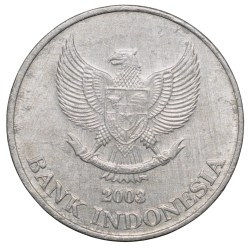 Alternative view of Aluminium 200 Rupiah of Indonesia (AD 2003) with Bali mynah bird on a branch