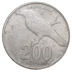 Aluminium 200 Rupiah of Indonesia (AD 2003) with Bali mynah bird on a branch