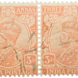 Postal Stamp of George V 3 Annas Orange Colour - Block of 2 Stamps - Used Condition as per image.