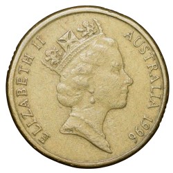 Alternative view of Brass 2 Dollar of Elizabeth II (AD 1996) from Australia with 1/2 length figure of Aboriginal man