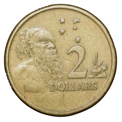 Brass 2 Dollar of Elizabeth II (AD 1996) from Australia with 1/2 length figure of Aboriginal man