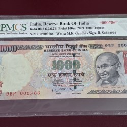 1000rs fancy number 9BP 000-786 signed by D Subbarao with year 2009 .