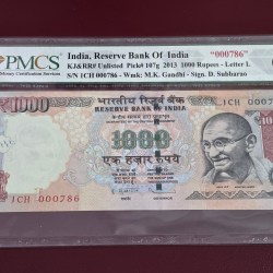 1000rs fancy number 1CH 000-786 signed by D Subbarao with year 2013