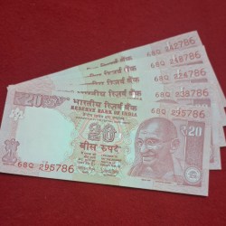 Alternative view of 20 RUPEE 5 NOTES ENDING 786 SAME PREFIX GEM UNC CONDITION