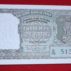 B-6 2 RUPEE NOTE GEM UNC CONDITION NOTE GREEN TIGER SERIAL NO. 513358